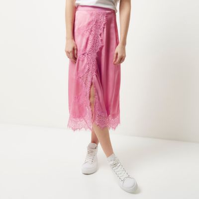 Pink scalloped eyelash lace midi wrap skirt